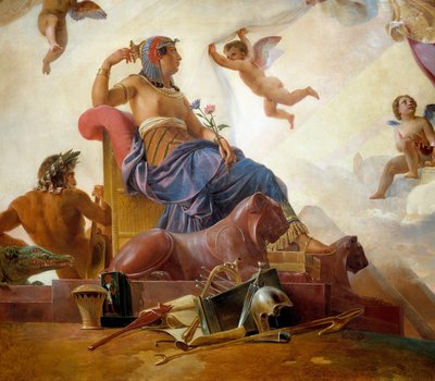 書斎とジェニアは古代エジプトからギリシャまでを明らかにする エジプトを表すディテール。フランソワ・エドゥアール・ピコ（1786-1868）による絵画 19世紀 作： Francois Edouard Picot