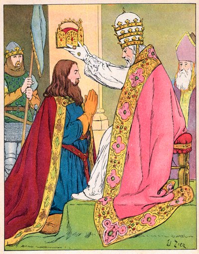 800年12月25日、ローマのサンピエトロ寺院で教皇レオ3世（c750-816）によって戴冠されたシャルルマーニュ（742-814） - 800年、教皇レオン3世によるシャルルマーニュ（742-814）の聖別（戴冠式） - フランソワ・ジエ（1856-1924）のイラスト（"Our Glory-Nationals "より引用 作： Francois Edouard Zier