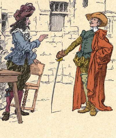 パリに到着した若き日のシラノとダルタニアンの出会い - Zierによるイラスト、20世紀初頭。 作： Francois Edouard Zier