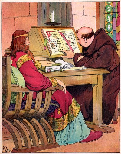 "The King of the Francs Charlemagne (742-814) talking to Alcuin (731-804, English monk from York, forerunner of the reform of the school, Aachen 782" (Portrait of King of Franks Charles the great (Charlemagne) and his adviser Alcuin of York (Ealhwine, A 作： Francois Edouard Zier