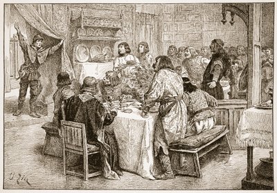 ウィリアム上陸のニュースをハロルドにもたらしたメッセンジャー。イラストは「イギリスの教会：人々の歴史」（HDM Spence-Jonesによるパブ）のイラスト。 1910年頃（セピア写真） 作： Francois Edouard Zier