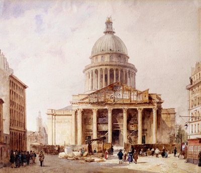 スフロ通りからパリの建設中のパンテオンを望む ジャック・ジェルマン・スフロ（1713-1780）の計画に基づき、サント・ジュヌヴィエーヴ教会の跡地に建設された建物。フランソワ・エティエンヌ・ヴィルレ（1800～1866年頃）による水彩画 1835年P 作： Francois Etienne Villeret