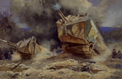 サン・シャモンでの歩兵と戦車の攻撃（1918年7月）（水彩画 作： Francois Flameng