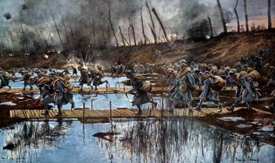 第一次世界大戦（1914-1918）。"the passage of the Yser during the Flanders offensive in 1917" Francois Flameng (1856-1923) による水彩画 1917年 30 x 50 cm.パリ、Musee de l