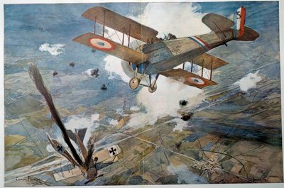 第一次世界大戦「空中戦」 炎を上げて落下する敵機。フランソワ・フラメン（1856-1923）による水彩画 1918年 個人蔵 作： Francois Flameng