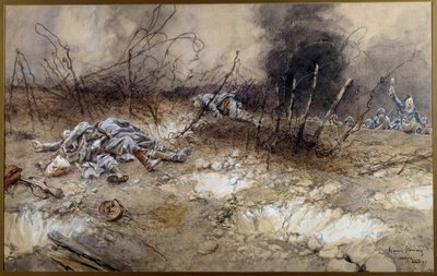 第一次世界大戦：1917/04/05のLa Craonneの戦いのシーン。髭の間に横たわる歩兵の死体。フランソワ・フラメン（1856-1923）による水彩画 Sun.0,3x0,56 m パリ、Musee de l