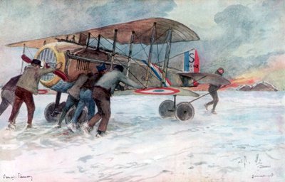 1918年、1926年、雪に覆われたフィールドでフレンチスパッドに参加する地上作業員。 作： Francois Flameng