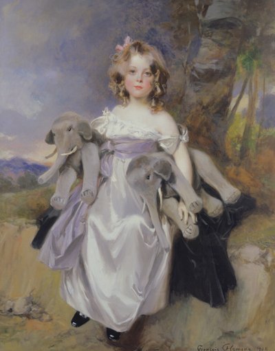 象のおもちゃを持つ少女の肖像画、1908年 作： Francois Flameng