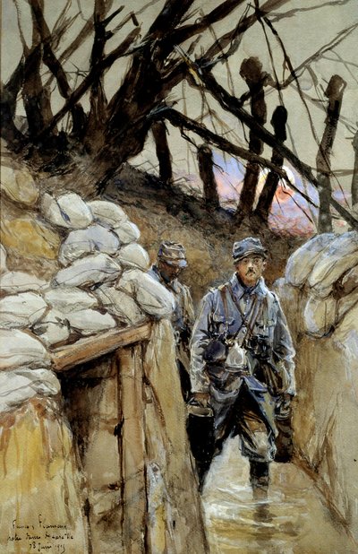 第一次世界大戦。"A soldier of soup corvee in the trench Notre-Dame-de-Lorette 28/06/1915" フランソワ・フラメン（1856-1923）による水彩画 1915年6月 Sun.0,3x0,48 m パリ、Musee de l