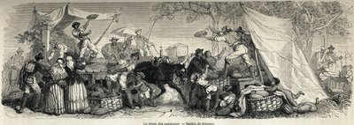 1861年、マルク・モニエ（1829-1885）がナポリとナポリ人を説明するためにフェロージオが描いた「スイカの販売」。Le tour du monde" 1861年に掲載されたエングレーヴィング。セルバのコレクション。 作： Francois Fortune Antoine (after) Ferogio