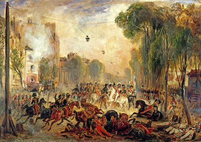 ジュゼッペ フィエスキ (1790-1836) によるルイ フィリップ王 (1773-1850) の暗殺未遂、1835 年 7 月 28 日、テンプル大通り (キャンバスに油彩) 作： Francois Gabriel Guillaume Lepaulle