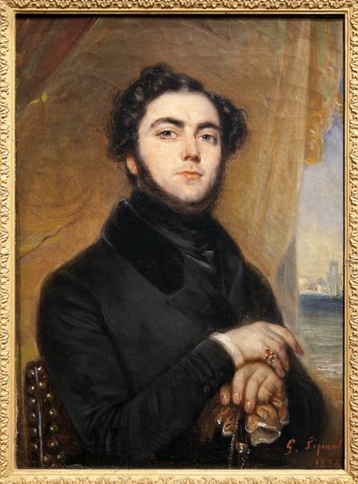 Eugene Sue (1804-1857)、フランスの作家、パリのミステリーの著者、流浪のユダヤ人の肖像。 Gabriel Lepaulle (1804-1886) による絵画。 写真、KIM Youngtae、パリ、Musee Carnavalet。 作： Francois Gabriel Guillaume Lepaulle