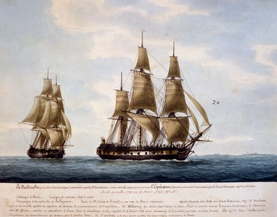 アントワーヌ・ブリュニー・ダントルカストー（1737-1793）が1791年から1793年にかけて、ジャン・フランソワ・ドゥ・ガラップ・ドゥ・ラ・ペルーズ（1741-1788）の調査のために使用したトールシップ「ルシェルシュ」と「エスペランス」。 作： Francois Geoffroy Roux