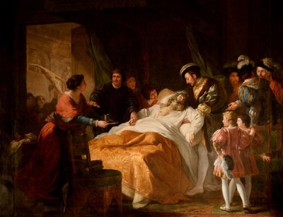 レオナルドダヴィンチの死、フランシスコ1世の武器、1781年。 作： Francois Guillaume Menageot