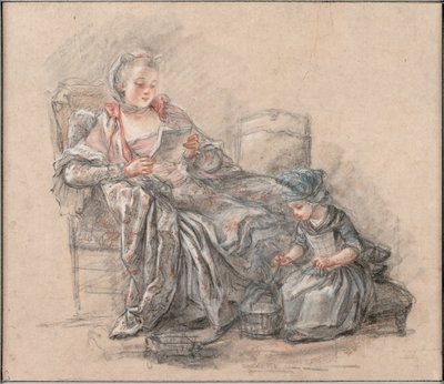 読書をする女性と遊ぶ少女（おそらくポンパドゥール夫人と娘のアレクサンドラン）、1748年 作： Francois Guérin