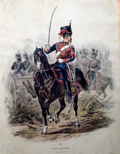 馬に乗った帝国軍の兵士。フランソワ・ラレッセ（1812-1884）によるリトグラフ 1860年 パリ 装飾美術 作： Francois Hippolyte Lalaisse