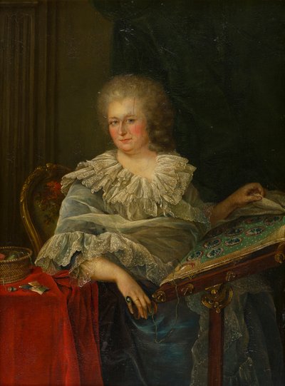 彼女の刺繍に座っているトリントン子爵夫人の肖像、1747-75年頃（パネルに油彩） 作： Francois Hubert (follower of) Drouais