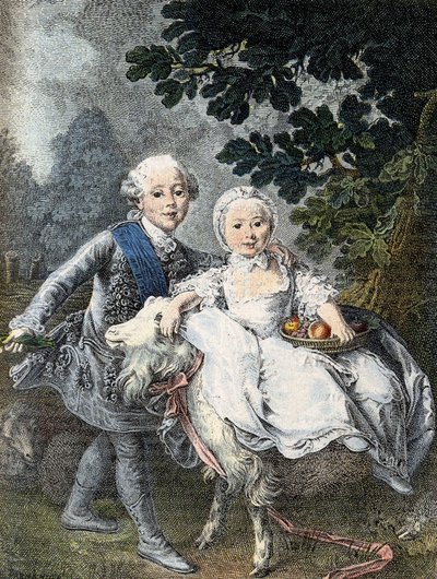 アルトワ伯爵の子供（後のシャルル10世）（1757-1836）とその妹マリー・クロティルド・ザヴィエール（後のサルデーニャ王妃）（1759-1802） - 1764年の図。フランソワ・ユベール・ドゥルエの絵画に基づく19世紀のエングレーヴィング。 作： Francois Hubert (manner of) Drouais