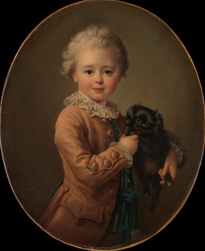 黒のスパニエルを持つ少年。 作： Francois Hubert Drouais