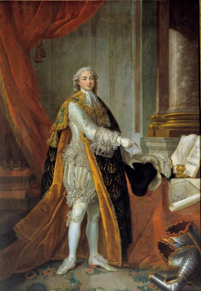 フランスのルイ・スタニスラス・ザビエル（後のルイ18世）、プロヴァンス伯爵（1755年～1824年）の足元の肖像、聖霊の騎士団の偉大な衣装を身にまとい、アンジェ市の特権を贈呈」 絵画：フランソワ 作： Francois Hubert Drouais