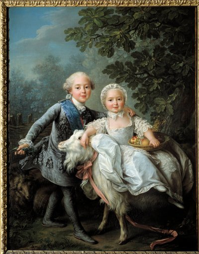 フランスのアルトワ伯爵シャルル・フィリップ（後のシャルル10世（1757-1836））とその妹で後のサルデーニャ王妃クロスティルデ夫人（1759-1802）の肖像（1763-1764年）、フランソワ・ユベール・ドルーエ（1727-1775）の作。 作： Francois Hubert Drouais