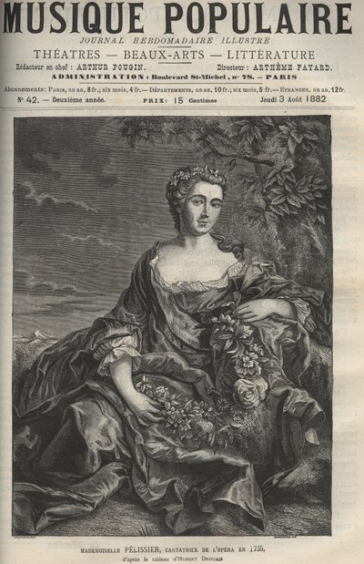 フランスのオペラ歌手Marie Pelissier (またはPellissier) (1707-1749)の肖像 - Hubert Drouais画の後のエングレーヴィング - 絵入り週刊新聞 "La musique populaire "のエングレーヴィング - 1882年 作： Francois Hubert Drouais