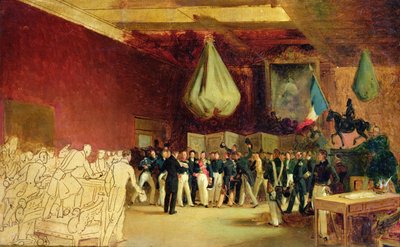 下院は、1830 年 8 月 7 日に王宮で、オルレアン公ルイ フィリップ 1 世 (1773-1850) に、彼を王位に就かせる行為と 1830 年の憲章を贈呈します。 作： François Joseph Heim