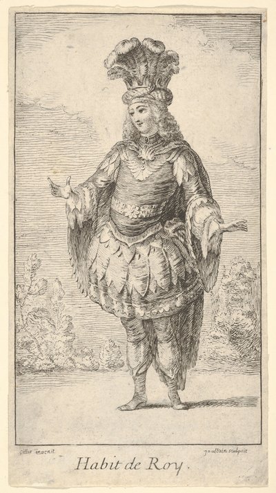 Habit de Roy: ロゼットで飾られたトヌレット、王冠、ターバンを身に着けた男性..., ca. 1721年。 作： Francois Joullain