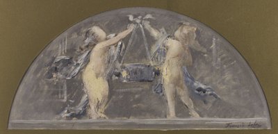 パリ市立美術館のダイニングルームのスケッチ、2人の子供が大きな箱を持ち上げている。 作： Francois Lafon