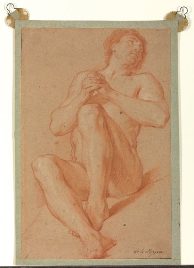 合掌する座ったアカデミックなヌード 1723-24年頃 （赤と白のチョーク、明るい茶色の紙） 作： François Lemoyne