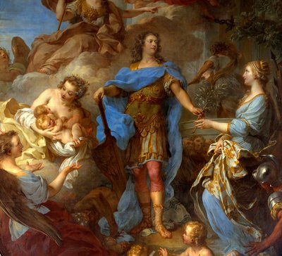 ヨーロッパに平和を与えるルイ15世（1710-1774）」の詳細 セビリア条約締結時のアレゴリー、女神ミネルバが表現されています。フランソワ・ル・モワンヌ（1688-1737）による絵画 1729年 日3,82x2,95 m - 「ルイ15世（1710-1774）がヨーロッパに平和をもたらす」のディテール 作： François Lemoyne