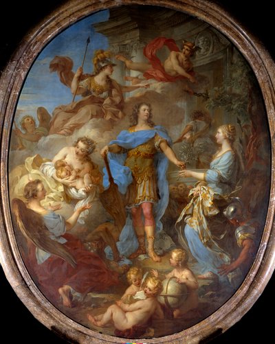 ヨーロッパに平和を与える国王ルイ15世（1710-1774） セビリア条約締結時のアレゴリー、女神ミネルバが表現されている。フランソワ・ル・モワンヌ（1688-1737）による絵画 1729年 日3,82x2,95 m 。 作： François Lemoyne