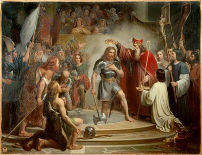 496年12月25日にランスで行われたクロヴィスの洗礼式。フランソワ・ルイ・デジュアンヌ（1786-1844）による絵画 作： Francois Louis Dejuinne