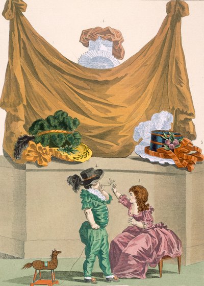 デュパンの彫刻が施された帽子と子供服、「Galeries des Modes et Costumes Francais」のプレート番号321、1780 作： Francois Louis Joseph Watteau