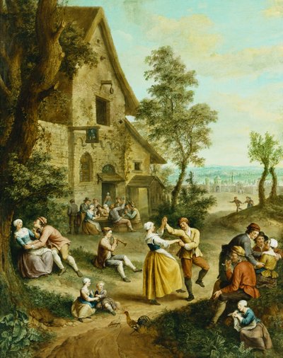 居酒屋の前の踊りと陽気な農民、向こうの壁に囲まれた町、 作： Francois Louis Joseph Watteau