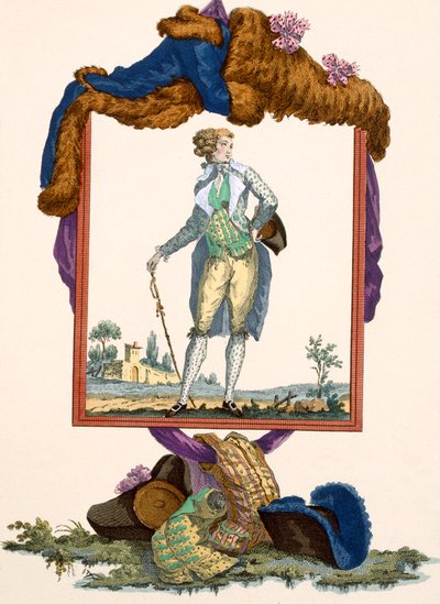 デュパンが刻印した白いチョッキが描かれた白いシルクのジャケットを着た若い男、「Galeries des Modes et Costumes Francais」、プレート番号265、c.1778-87 作： Francois Louis Joseph Watteau