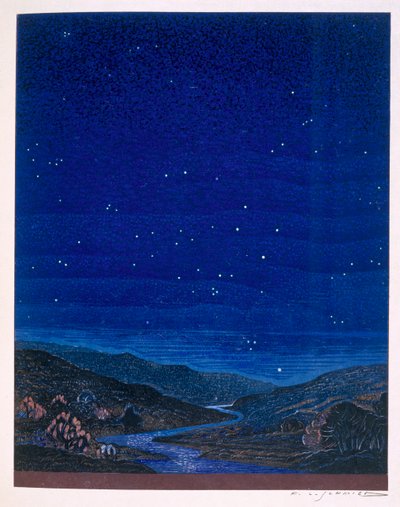 夜行性の風景、ラドヤードキプリングの「キム」のイラスト、1930 作： Francois Louis Schmied
