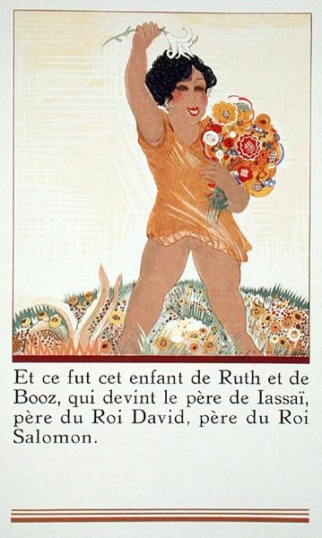ルースとボアズの子供であるオベッド、『Ruth et Booz』より、J.C. Mardrus訳、1930年発行（彩色済み彫刻 作： Francois Louis Schmied