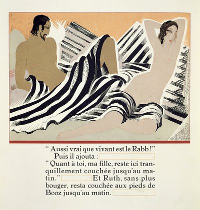 1930年に出版されたJCマードルス訳の「ルースエブーズ」からボアズの足元で休むルース 作： Francois Louis Schmied