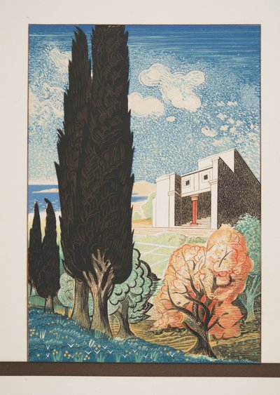 AeschylusのProméthéeEnchaînéのサイプレスツリーのある寺院、パブ。 1941（ステンシルプリント） 作： Francois Louis Schmied