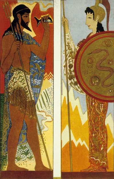 ホーマーのオデッセイ：神ポセイドンとアテナ、テオシュミードの彫刻、1930-33色のリソ 作： Francois Louis Schmied