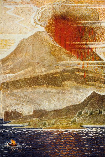 Homereによるオデッセイ：サイクロプス火山の島のユリシーズの近づき、Theo Schmiedによる彫刻、1930-33色のリソ 作： Francois Louis Schmied