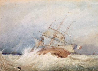 荒天時のフランスのフリゲート艦 (水彩) 作： Francois Louis Thomas Francia