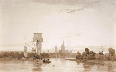 セーヌ川からルーアン大聖堂と街を眺める。 朝 作： Francois Louis Thomas Francia