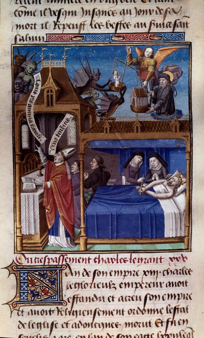 シャルルマーニュの死 (742-814) Vincent de Beauvais (1184/94-1264) による写本 "Speculum historiale" (Le Mirror historial) からのミニチュアで、巨匠 Francois (15世紀) によって盛り上げられています。シャンティ、コンデ美術館 作： Maître François