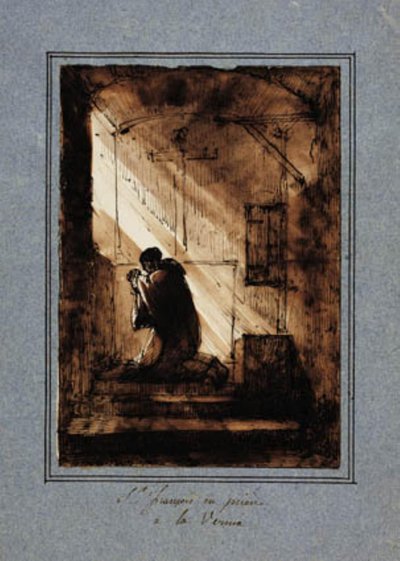 独房で跪いて祈る聖フランチェスコ 作： Francois Marius Granet