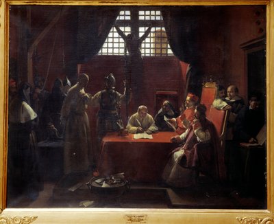 サボナローラ（1452-1498）の尋問 ジェローム・サボナローラ（またはジロラモ・サボナローラ）（1452-1498）イタリアの修道士・司祭が、破門・処刑される前に、教皇アレクサンデル6世とフィレンツェ市当局から異端の罪で裁かれる。画家 作： Francois Marius Granet