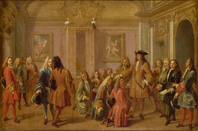 1693 年 5 月 8 日、1710 年 1693 年 5 月 8 日、ベルサイユ、ルイ 14 世によるセントルイス騎士団の最初の昇格。 作： Francois Marot