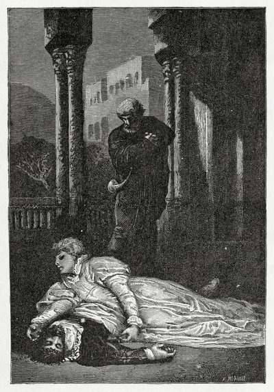 ドナソル、19世紀ヘルナニの死体で死去（bw彫刻） 作： Francois Nicolas Chifflart