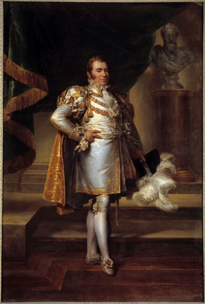 ベリー公シャルル・フェルディナン・ダルトワ（1778-1820）の足元の肖像、ヘンリー4世の胸像の前でフランソワ王子の衣装を着た代表者。フランソワ・ジェラール（1770-1837）による絵画 1819年 薄暗い。2.4 x 1.6 m - 公爵シャルル・フェルディナン・ダルトワの肖像 作： Baron François Pascal Simon Gérard